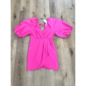 The Native One Magenta Versatiles Tie Front Mini Dress Pink Puff Sleeve Medium